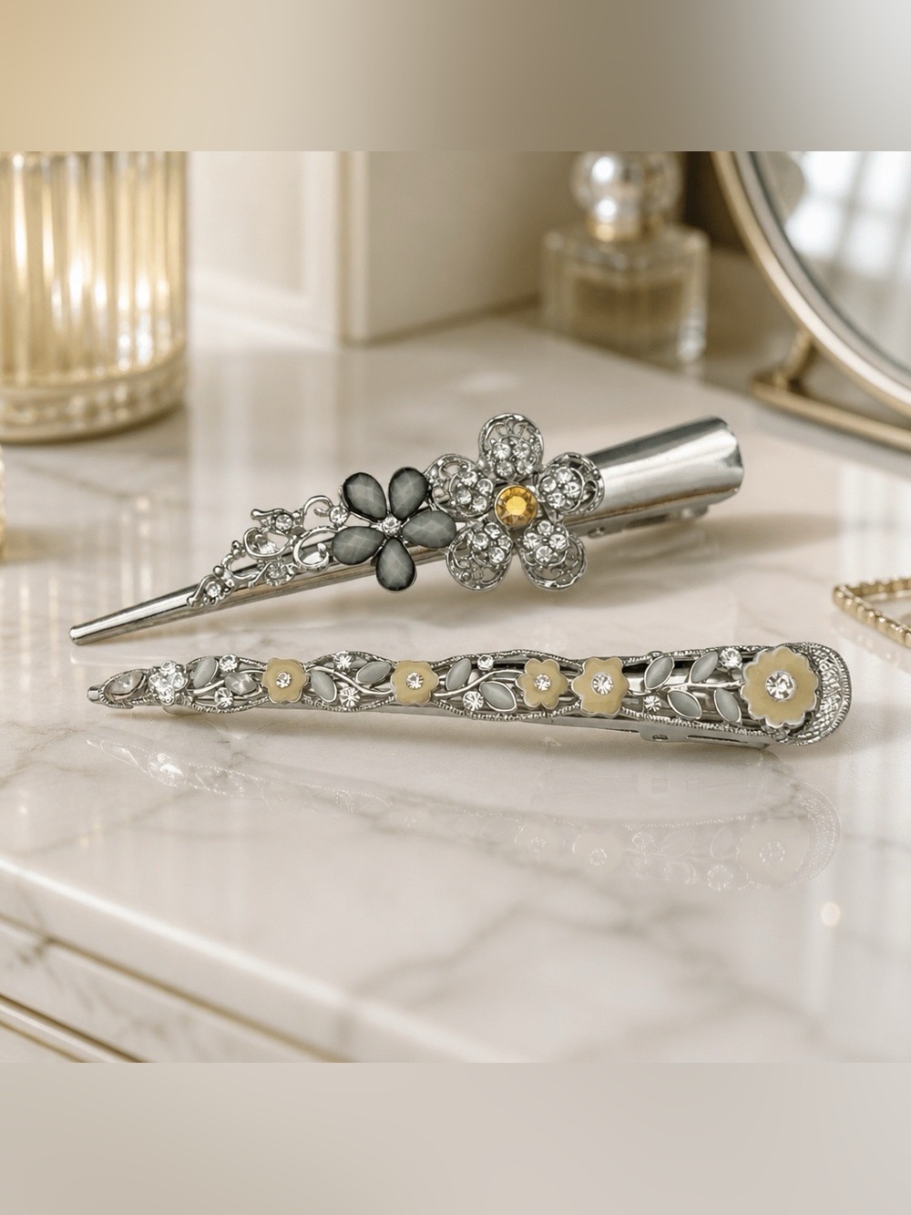 2 Silver-tone Floral Crystal Hair Clamps with Gray Stone Accents